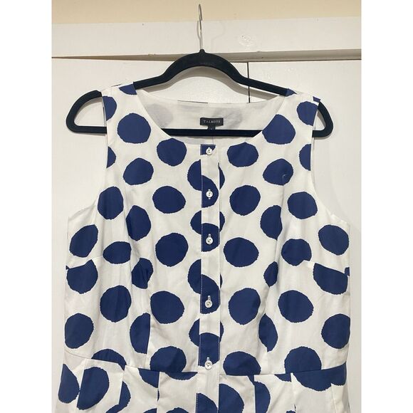Talbots Dress Sz. 8 Polka Dot White Navy Button Pleat Fit Flare Sleeveless Belt - Picture 3 of 16
